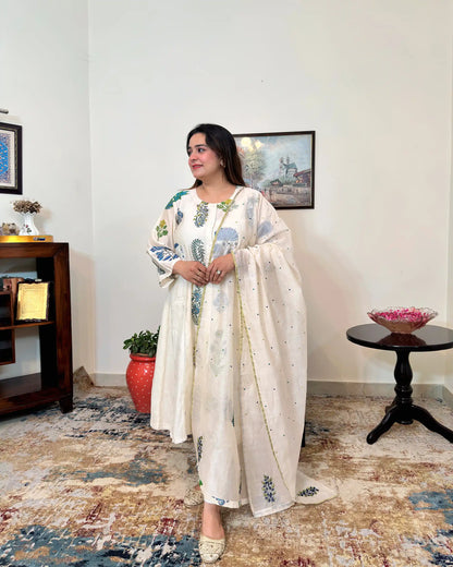 Off-white chanderi A-line kurta and dupatta with blue-green floral hand embroidery and off-white trousers