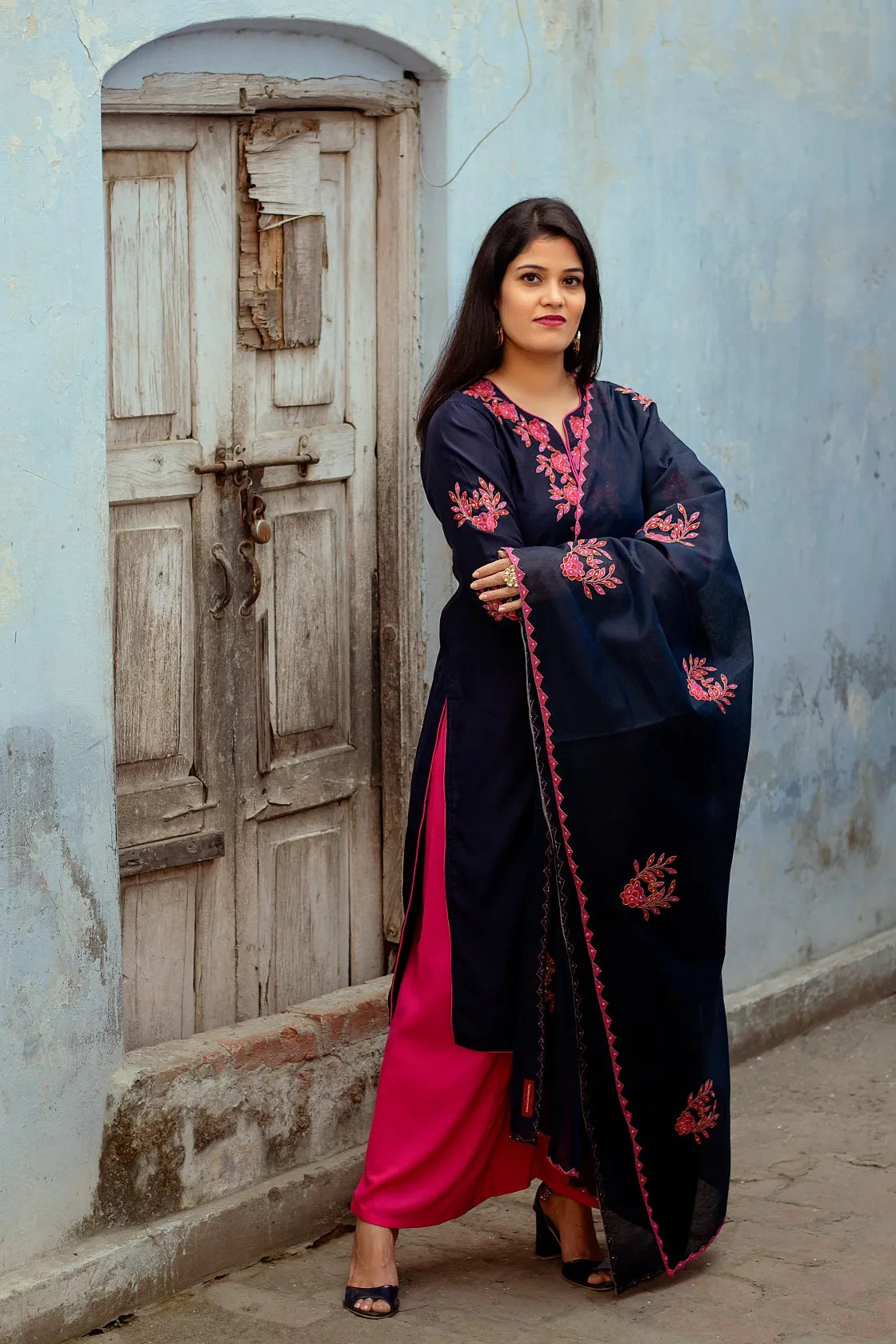 blue chanderi applique work kurta & dupatta and magenta  palazzo