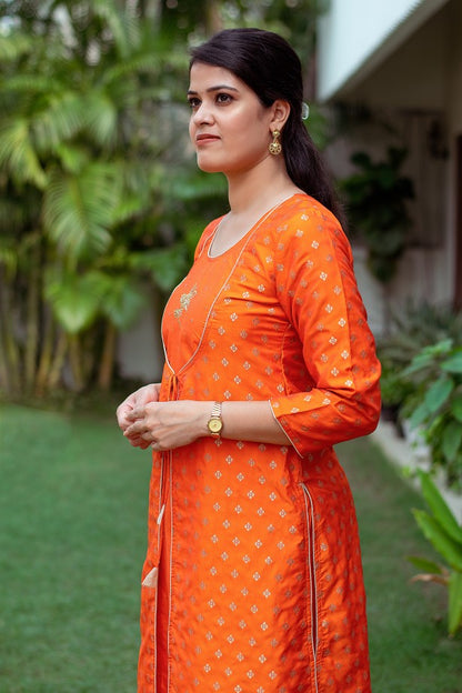 Orange colour silk angrakha kurti with zardozi, orange silk palazzo and orange dupatta