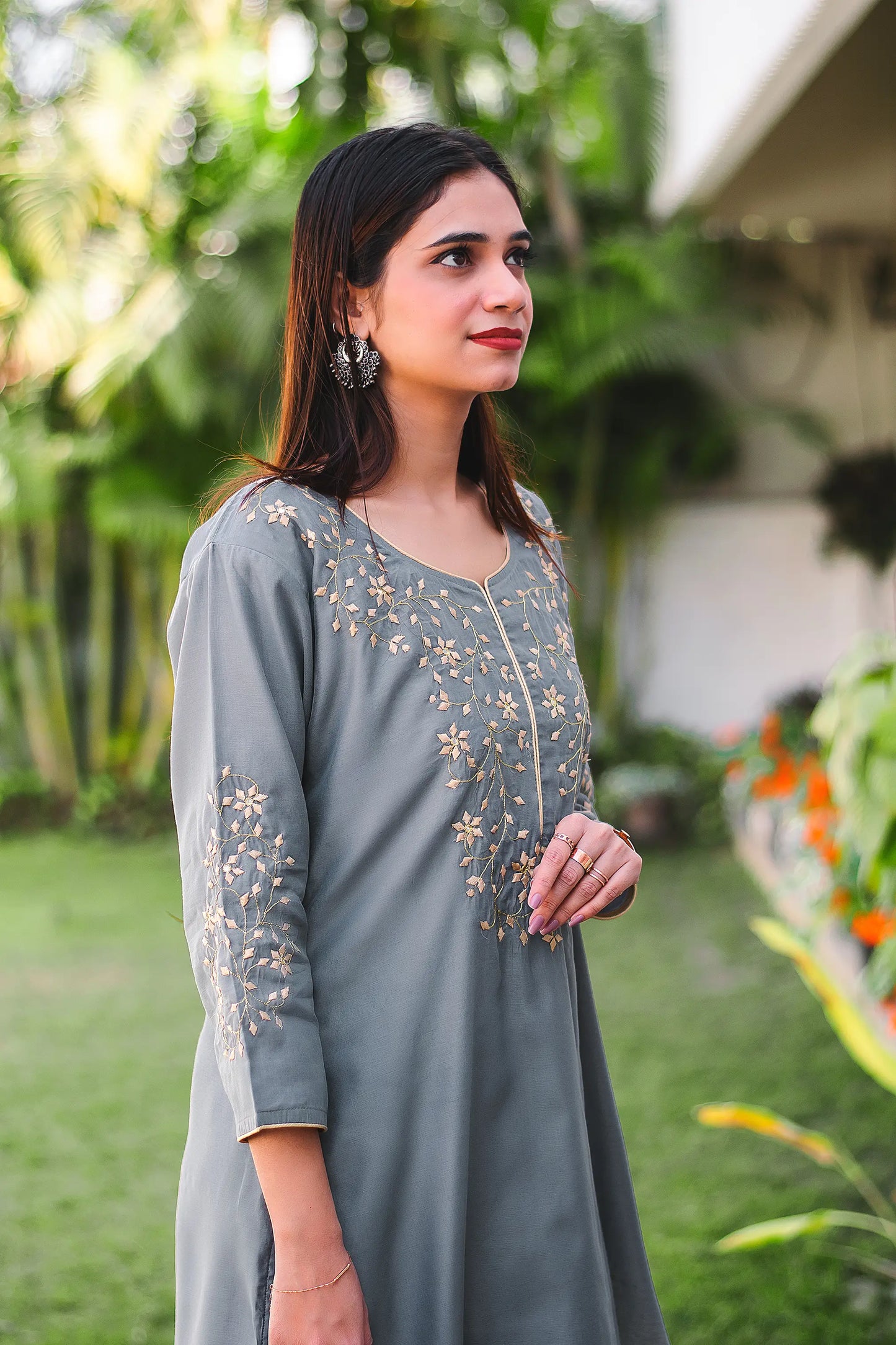 Grey Chanderi Kurti and Dupatta with applique work and Grey Trousers