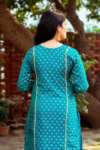 Blue Banarasi Silk Kurta with applique, blue silk palazzo and golden tissue dupatta