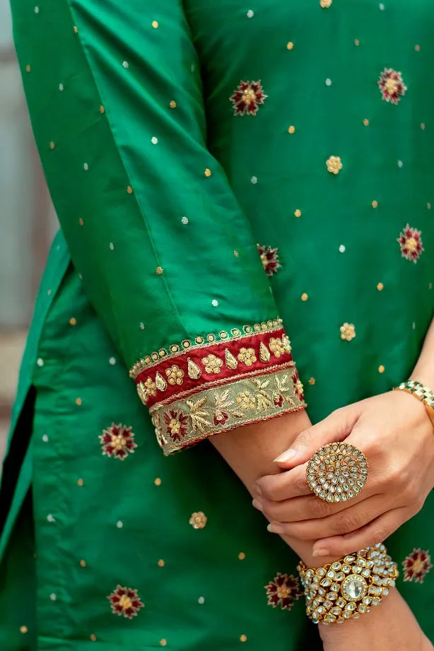 Green silk farshi bridal gharara set with zardozi work