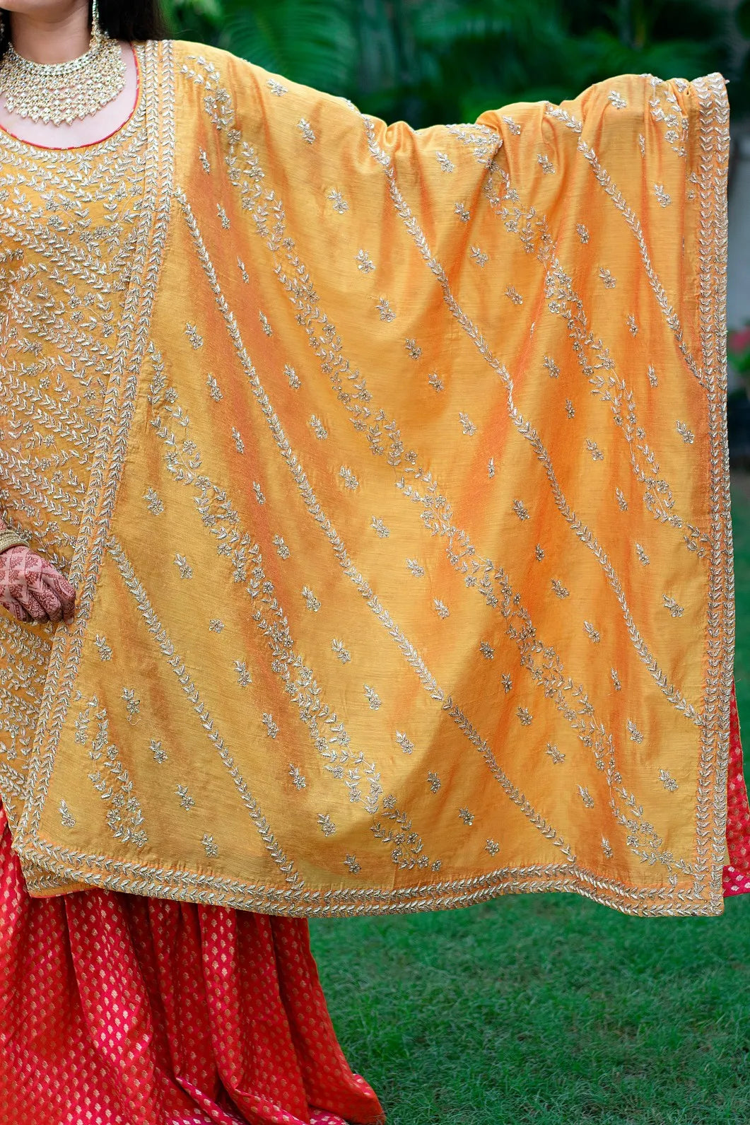 Mustard yellow gharara set with zardozi work