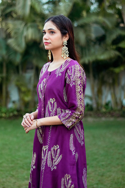 Purple Maheshwari Resham & Zardozi Work Kurta & Dupatta With Purple Palazzo