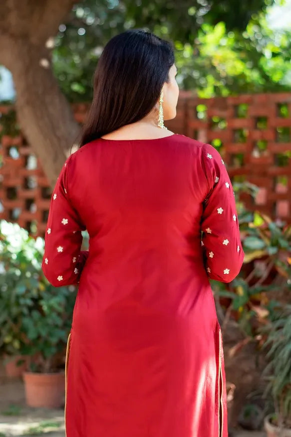 Maroon silk kurta with zardozi work, Maroon Chiffon Dupatta and Maroon Palazzo