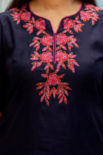 blue chanderi applique work kurta & dupatta and magenta  palazzo