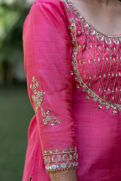 Pink Silk Zardozi & Applique Work Kurta with Chanderi Dupatta and Pink Trousers