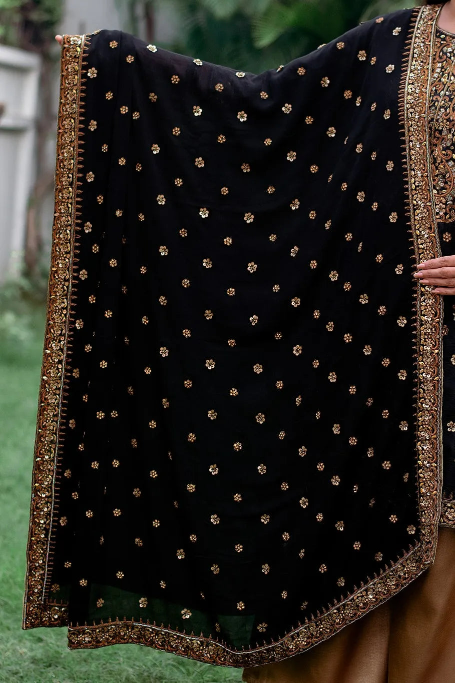 Black Silk Kurta with zardozi, Black Georgette dupatta and black Palazzo