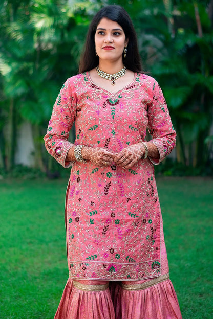 Pink Brocade Gharara with pink chanderi top & dupatta with resham & zardozi work