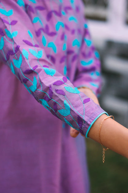 Lavender Kurti Set with Chanderi Applique Work Kurta, Dupatta and Blue Trousers