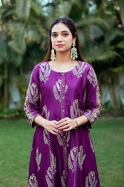 Purple Maheshwari Resham & Zardozi Work Kurta & Dupatta With Purple Palazzo