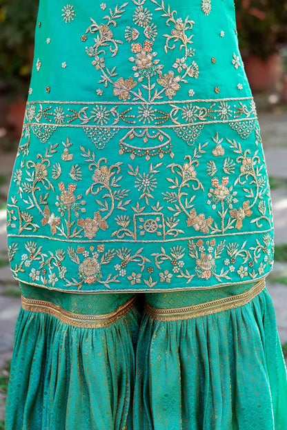 Green brocade traditional gharara with zardozi work