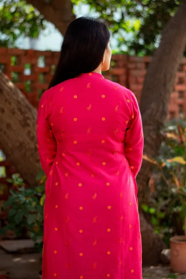 Magenta cotton silk resham embroidered kurta, magenta organza dupatta and Magenta  palazzo