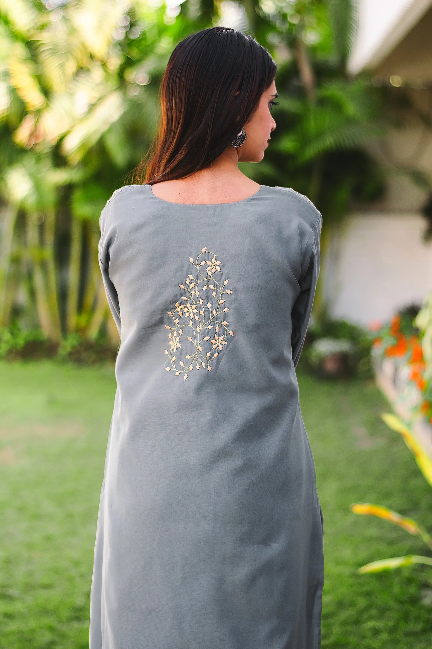 Grey Chanderi Kurti and Dupatta with applique work and Grey Trousers