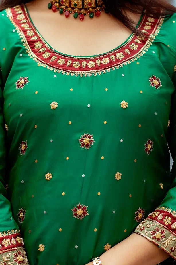 Green silk farshi bridal gharara set with zardozi work