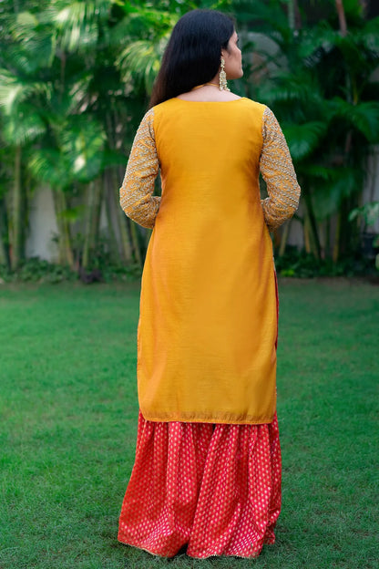 Mustard yellow gharara set with zardozi work