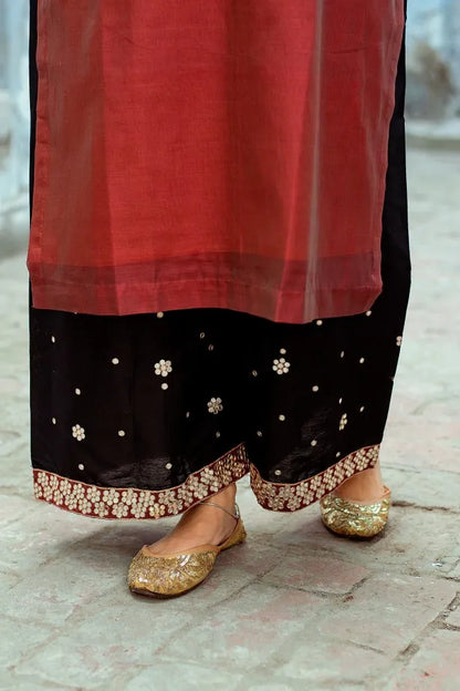 Maroon Chanderi Kurta with zardozi,Black Chanderi Dupatta with zardozi and Black  Palazzo