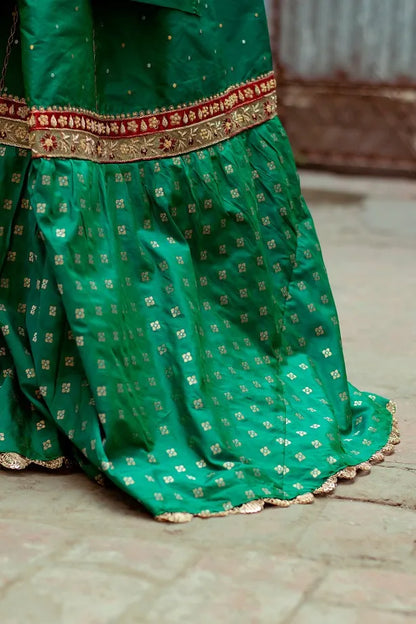 Green silk farshi bridal gharara set with zardozi work