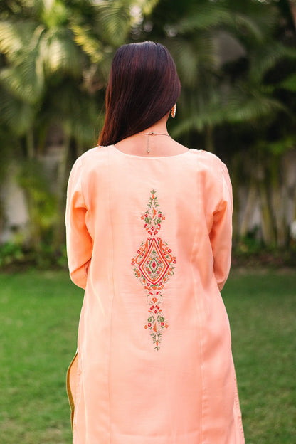 Peach Chanderi Resham Embroidered Kurta And Palazzo With Peach Chanderi Dupatta