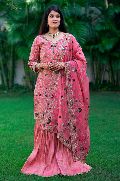 Pink Brocade Gharara with pink chanderi top & dupatta with resham & zardozi work