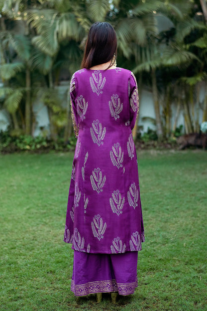 Purple Maheshwari Resham & Zardozi Work Kurta & Dupatta With Purple Palazzo