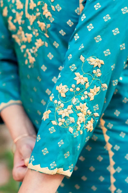 Blue Banarasi Silk Kurta with applique, blue silk palazzo and golden tissue dupatta