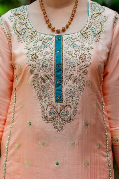 Peach banarasi silk zardozi work kurta and dupatta with peach palazzo