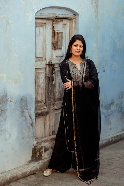 Black Silk Kurta With Zardozi, Black Chanderi Dupatta and Black Silk Palazzo