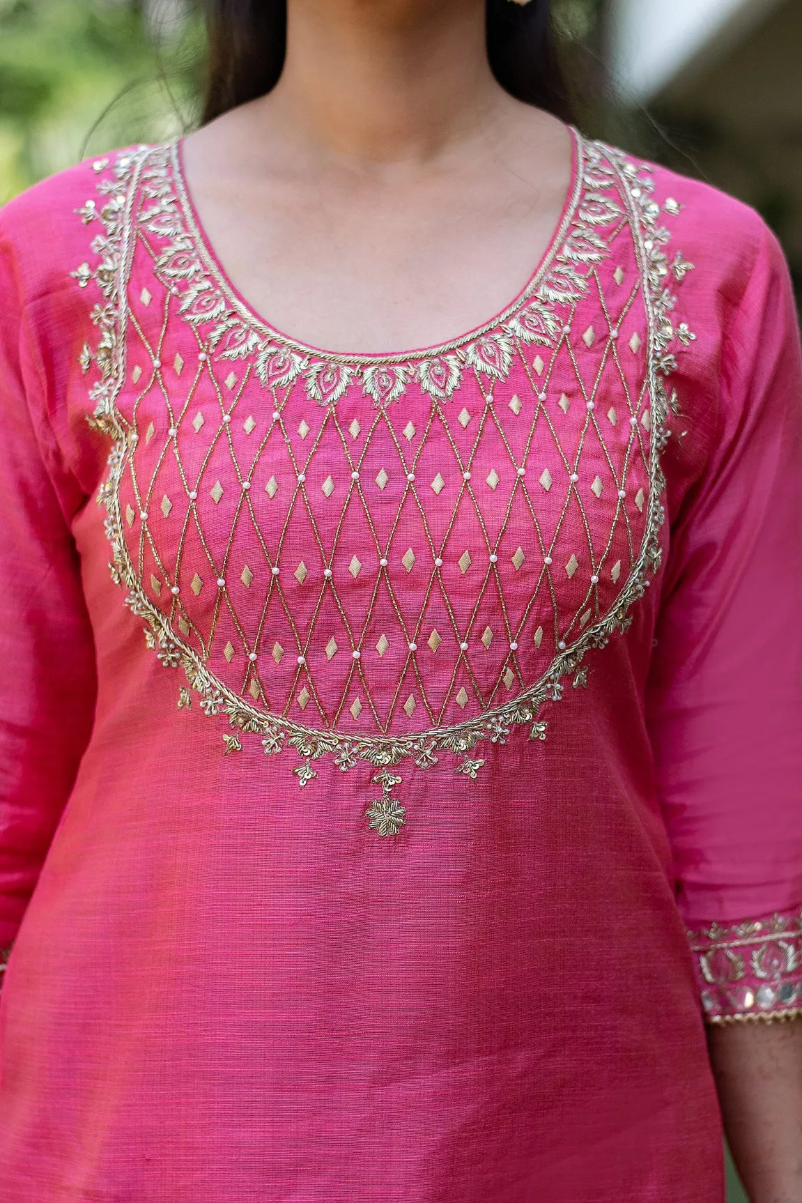 Pink Silk Zardozi & Applique Work Kurta with Chanderi Dupatta and Pink Trousers