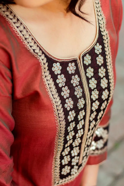 Maroon Chanderi Kurta with zardozi,Black Chanderi Dupatta with zardozi and Black  Palazzo