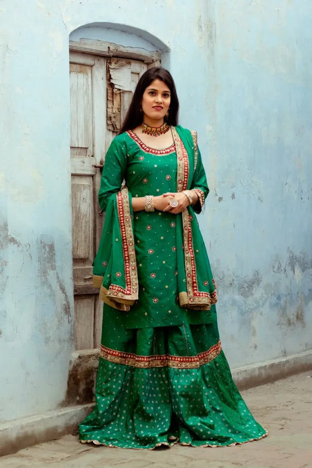 Green silk farshi bridal gharara set with zardozi work