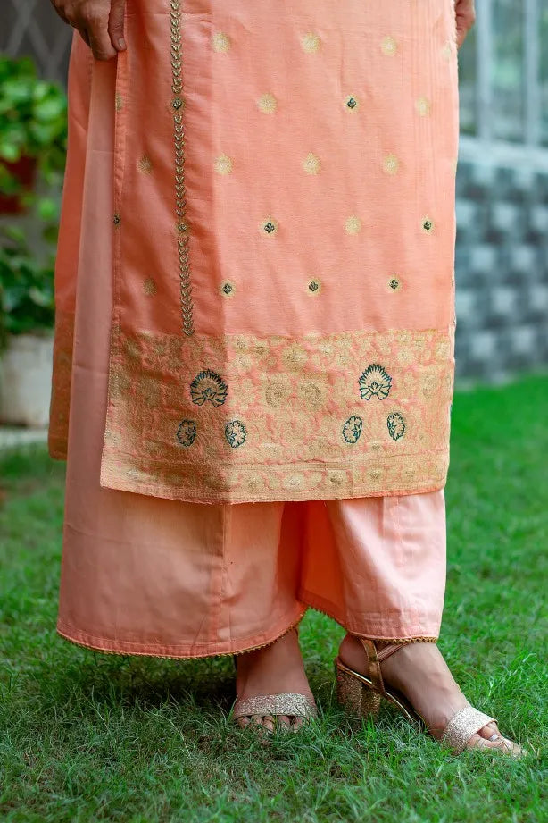 Peach banarasi silk zardozi work kurta and dupatta with peach palazzo