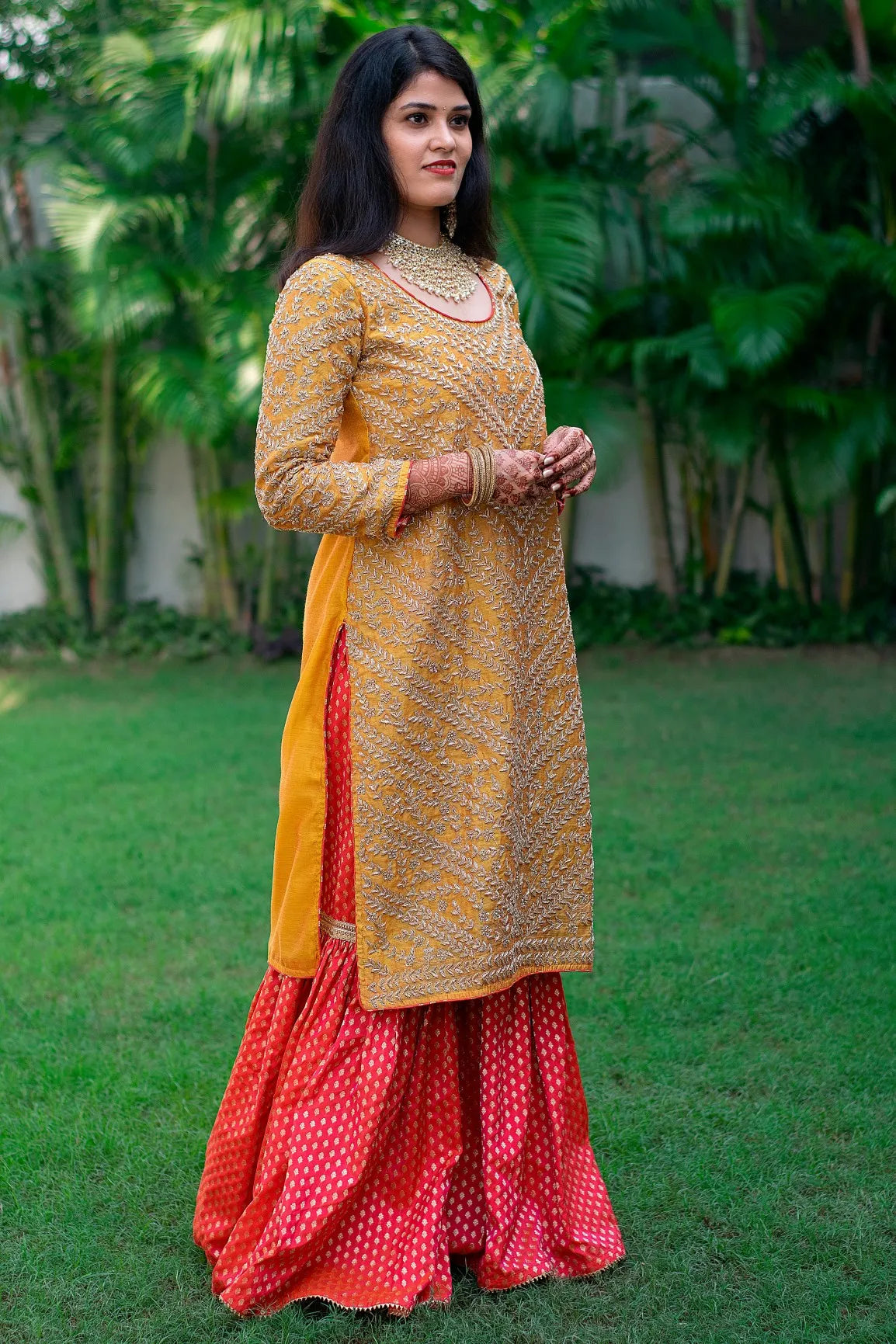 Mustard yellow gharara set with zardozi work