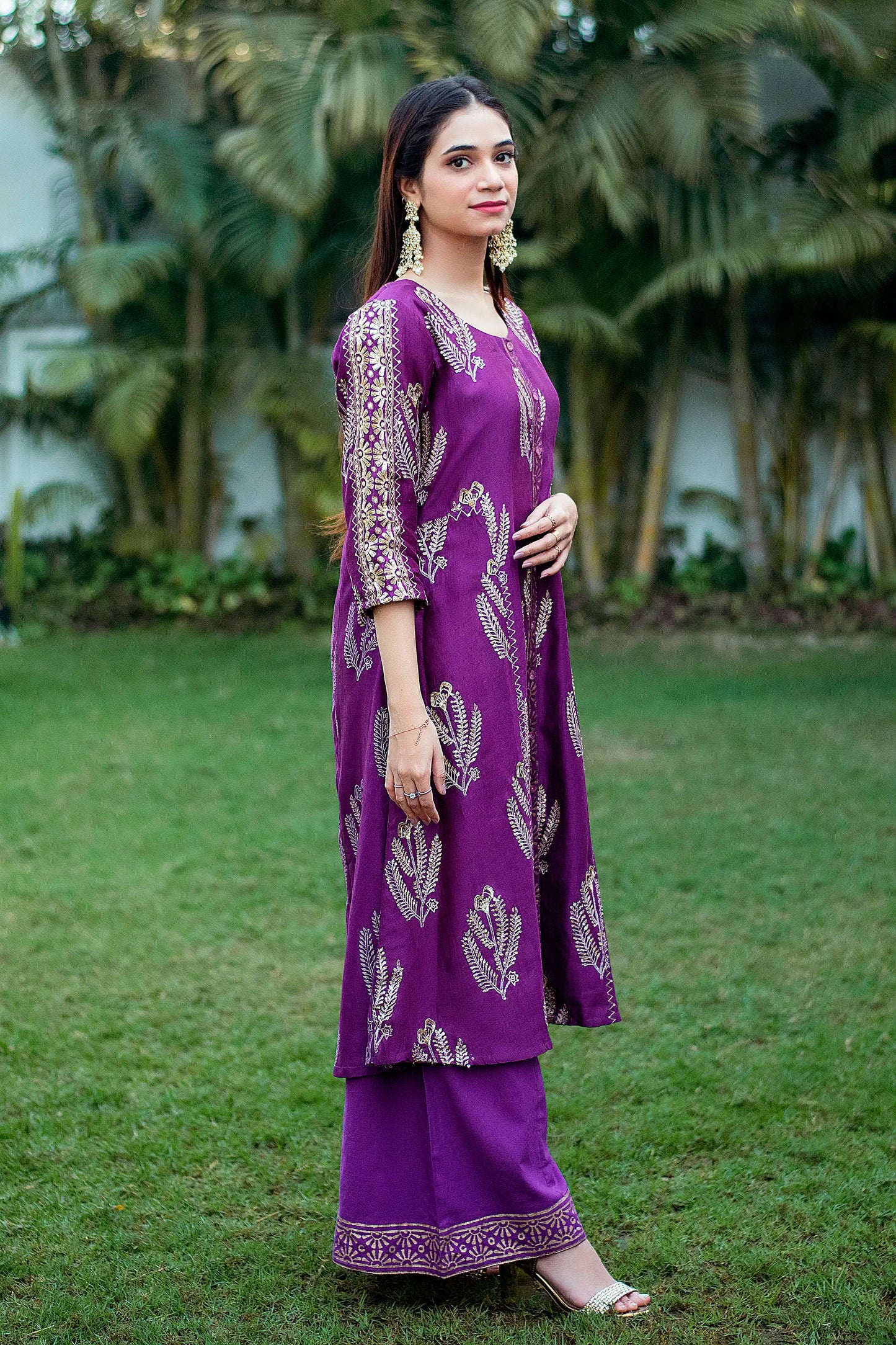 Purple Maheshwari Resham & Zardozi Work Kurta & Dupatta With Purple Palazzo