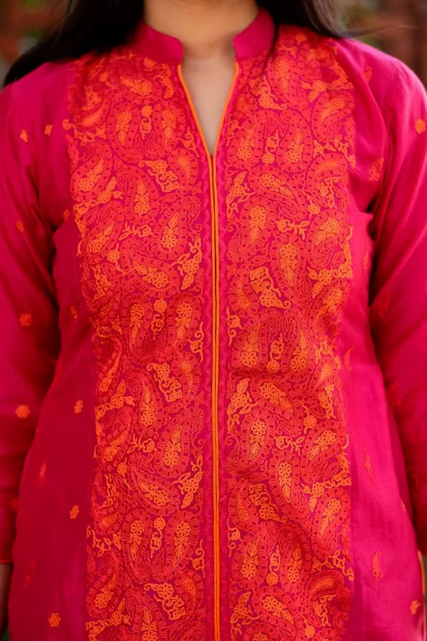Magenta cotton silk resham embroidered kurta, magenta organza dupatta and Magenta  palazzo