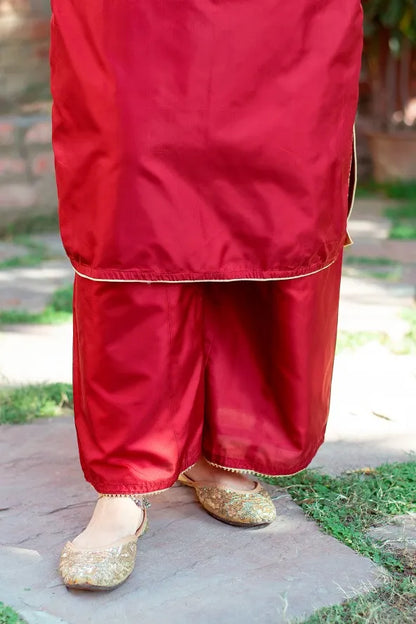 Maroon silk kurta with zardozi work, Maroon Chiffon Dupatta and Maroon Palazzo