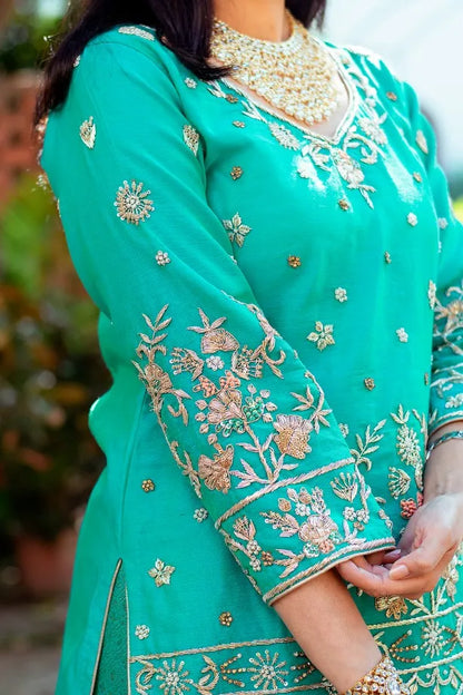 Green brocade traditional gharara with zardozi work