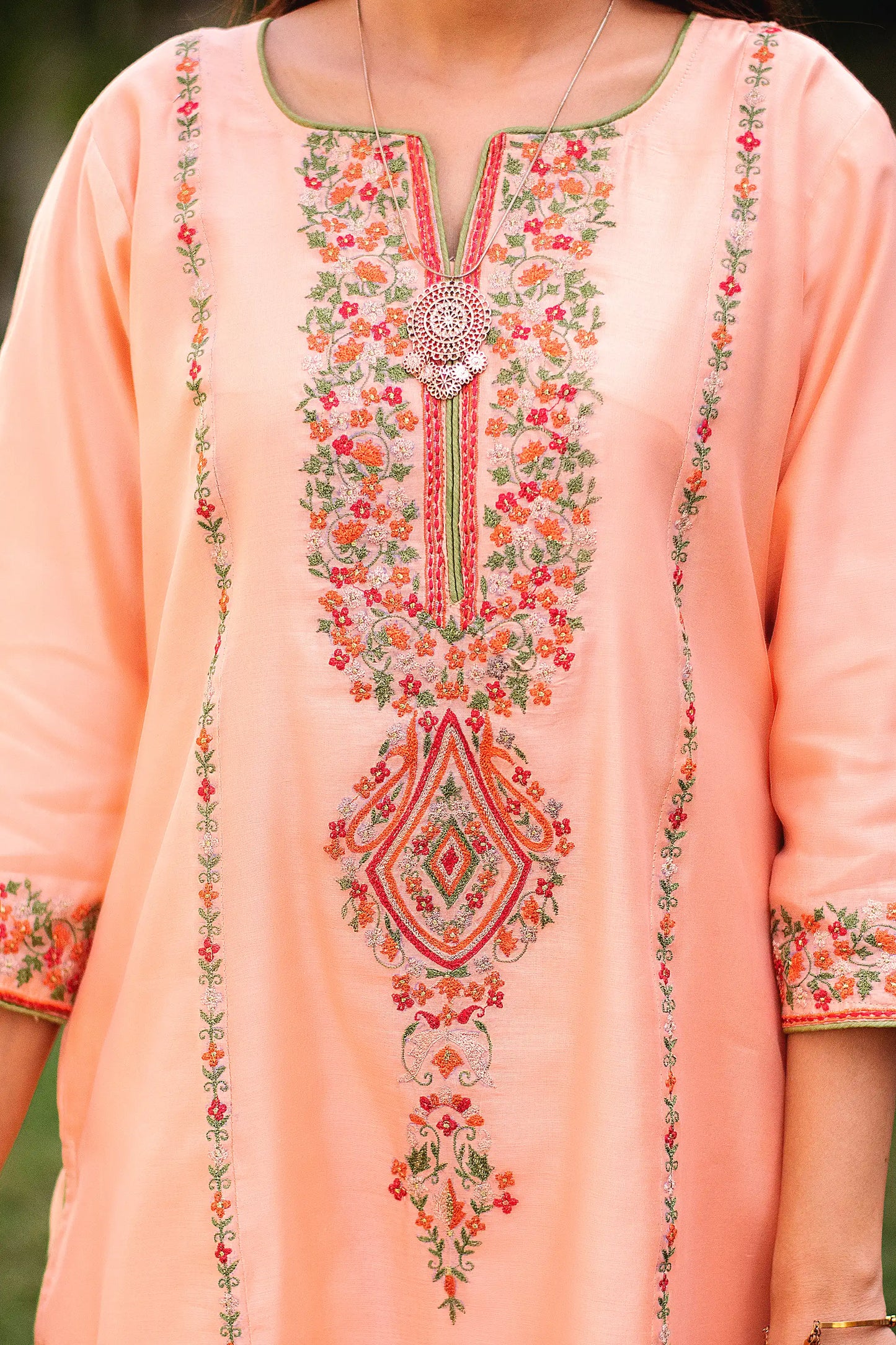 Peach Chanderi Resham Embroidered Kurta And Palazzo With Peach Chanderi Dupatta