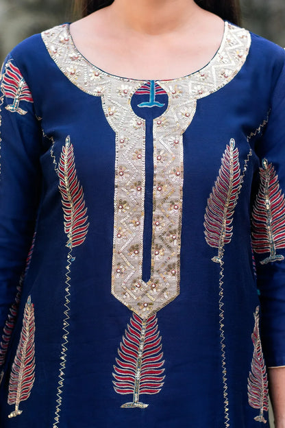 Blue Maheshwari Resham & Zardozi Work Kurta & Dupatta with Blue Palazzo