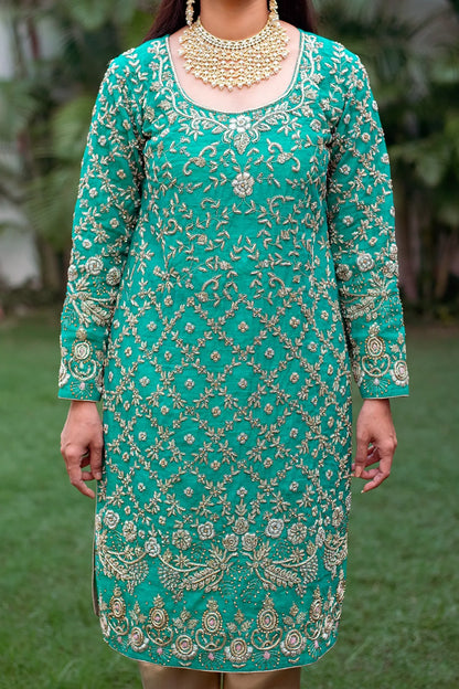 Sea-green chanderi zardozi work kurta and dupatta with golden trousers