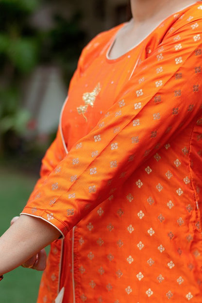 Orange colour silk angrakha kurti with zardozi, orange silk palazzo and orange dupatta