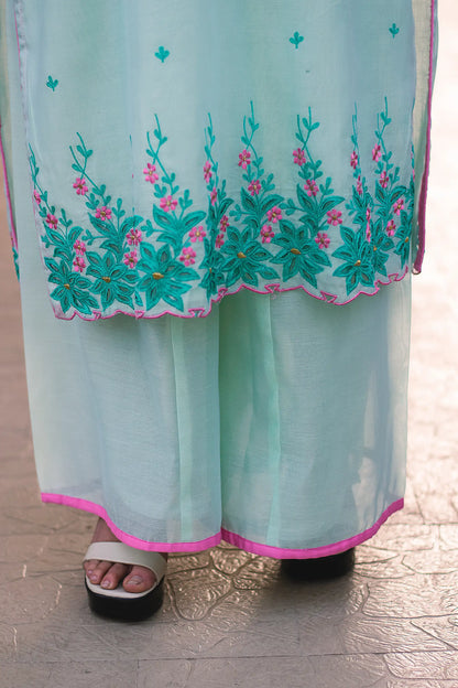 Sea-green chanderi resham embroidered kurta and dupatta with sea-green palazzo