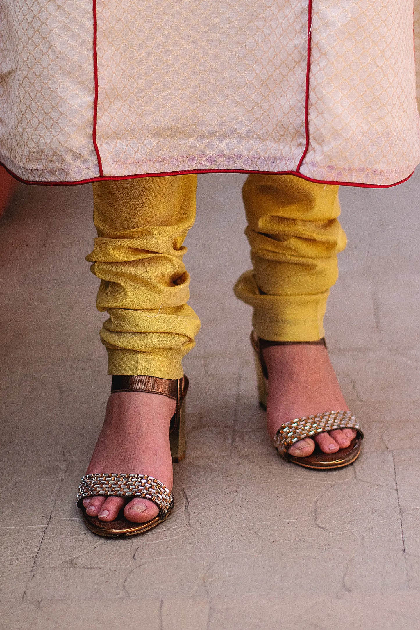 Off White Zardozi Kurti set with Red Banarasi Dupatta and Golden Churidar