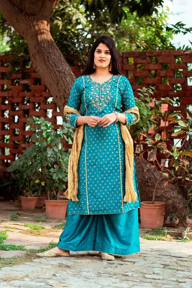 Blue Banarasi Silk Kurta with applique, blue silk palazzo and golden tissue dupatta