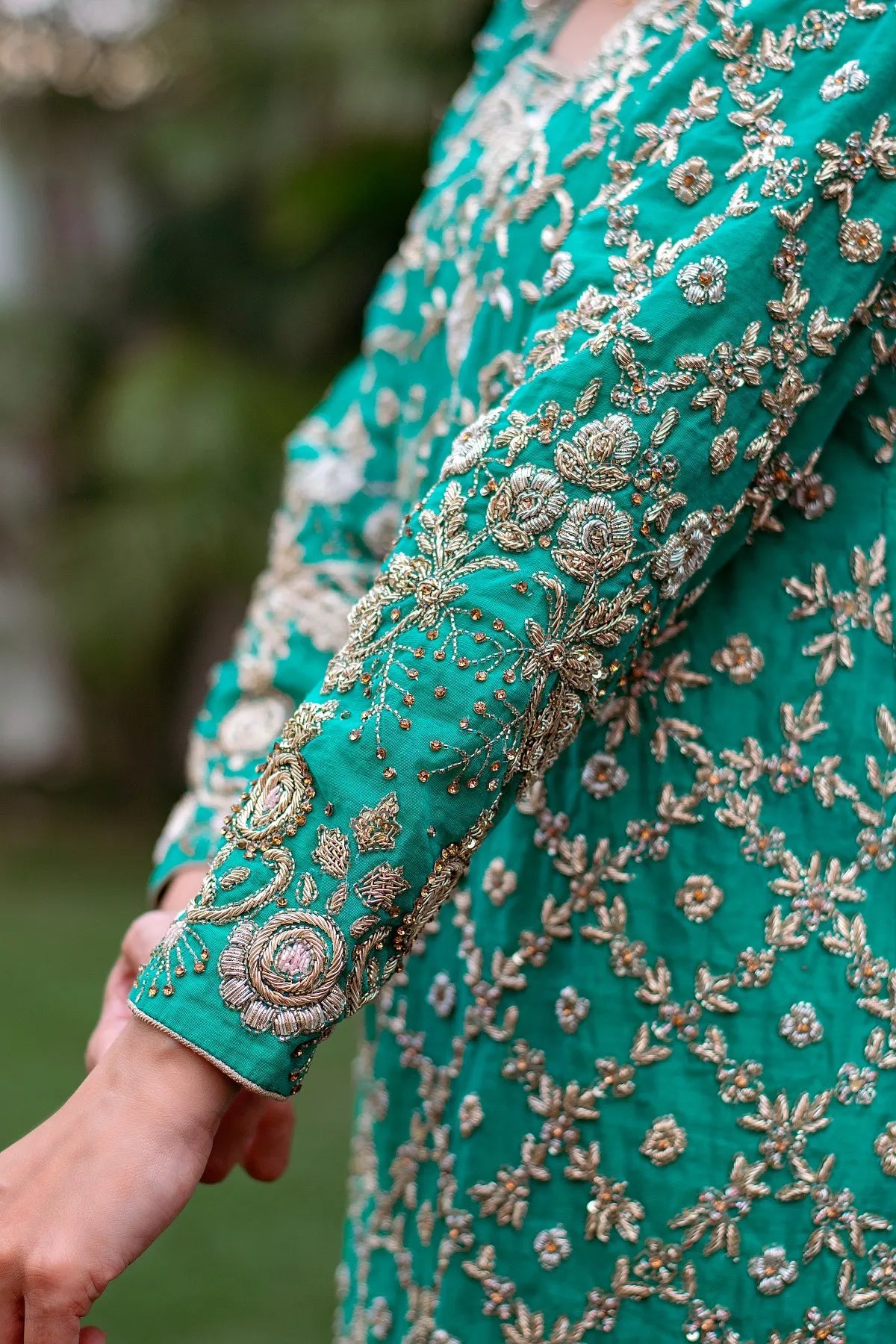 Sea-green chanderi zardozi work kurta and dupatta with golden trousers