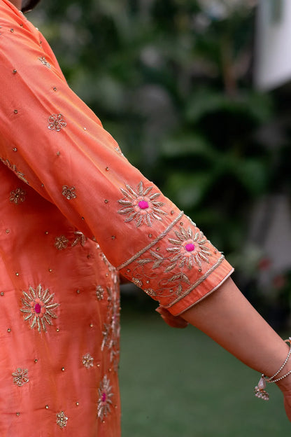 peach chanderi zardozi resham and zardozi work kurta & dupatta with peach trousers