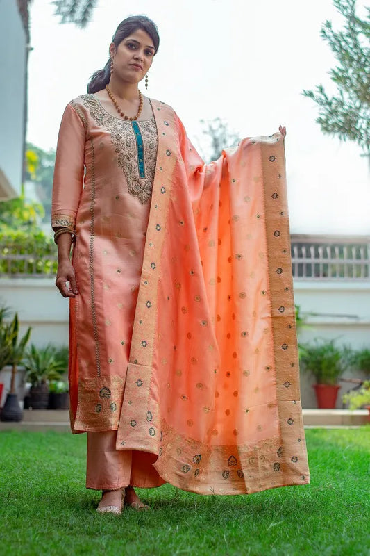 Peach banarasi silk zardozi work kurta and dupatta with peach palazzo