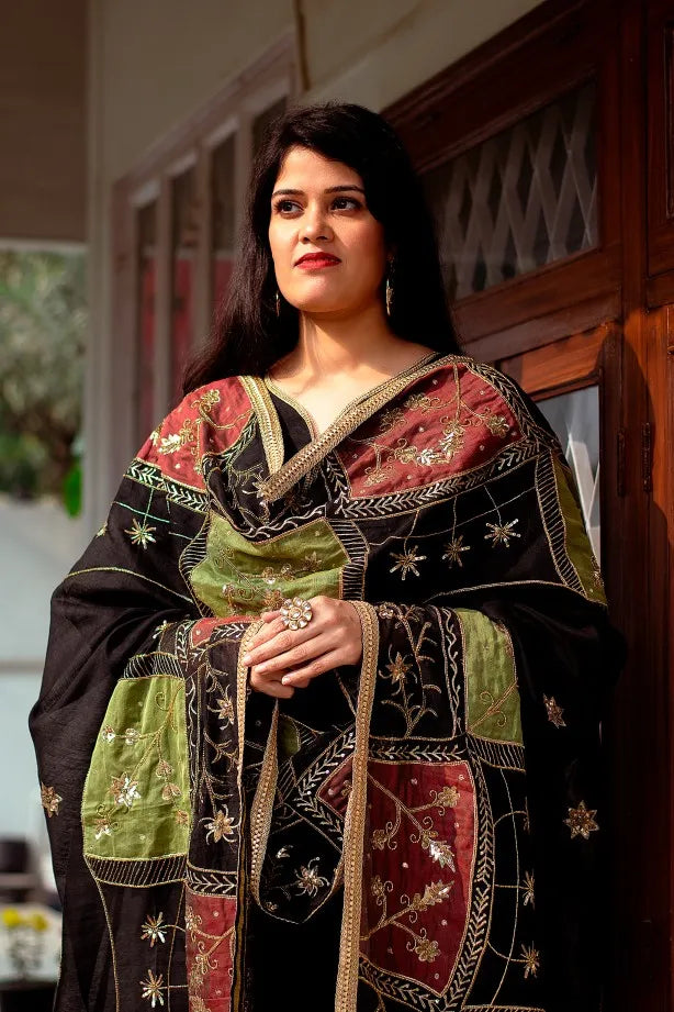 Multicoloured Zardozi Embroidered Chanderi Dupatta with Black chanderi Kurta and black Palazzo