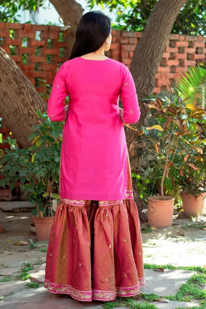 Pink brocade sharara,chanderi kurta and dupatta with zardozi work