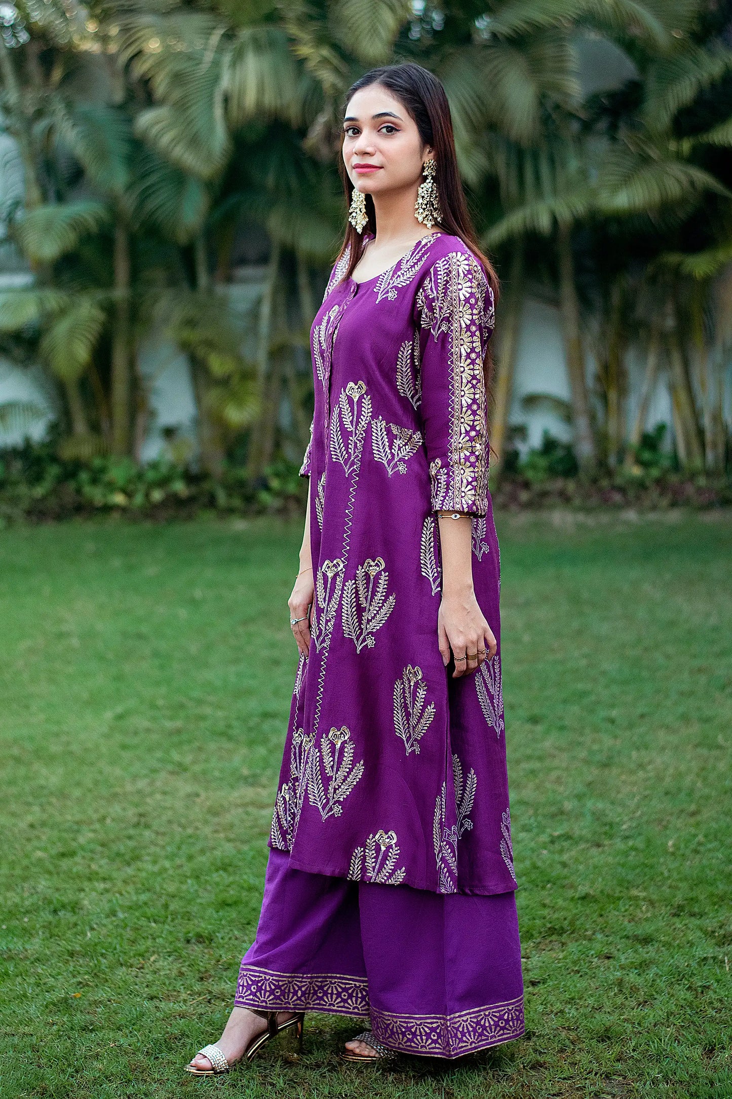 Purple Maheshwari Resham & Zardozi Work Kurta & Dupatta With Purple Palazzo